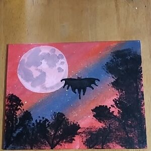 Red and Black Nighttime Painting with Moon and Silhouetted Mothman